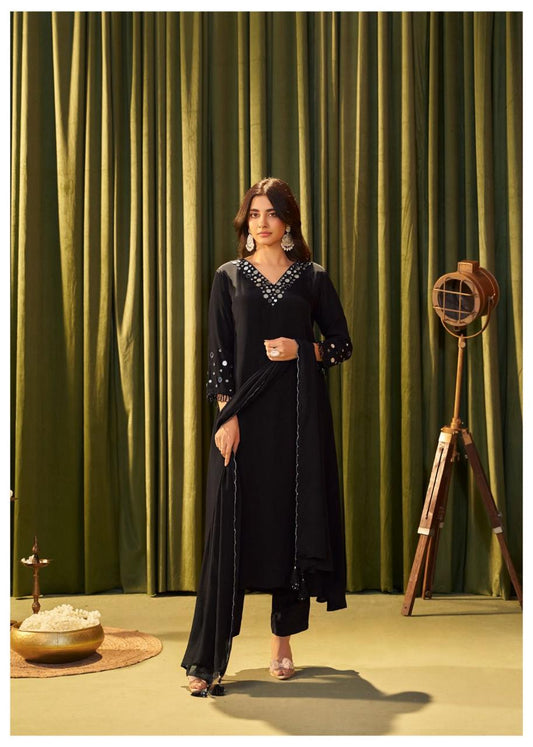 Shab-e-Noor – Black Crepe Suit Set with Real Mirror Work on Neck & Sleeves | Premium Ethnic Wear for Women