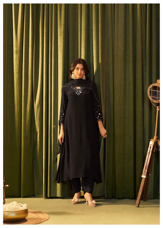 Shab-e-Noor – Black Crepe Suit Set with Real Mirror Work on Neck & Sleeves | Premium Ethnic Wear for Women