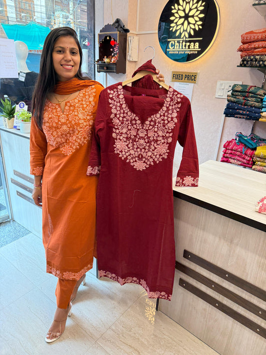 Tamanna – Rust & Maroon Cotton Suit Set with Embroidered Neck & Sleeves | Festive Ethnic Wear for Women