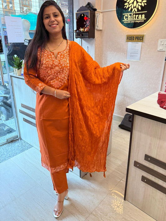 Tamanna – Rust & Maroon Cotton Suit Set with Embroidered Neck & Sleeves | Festive Ethnic Wear for Women