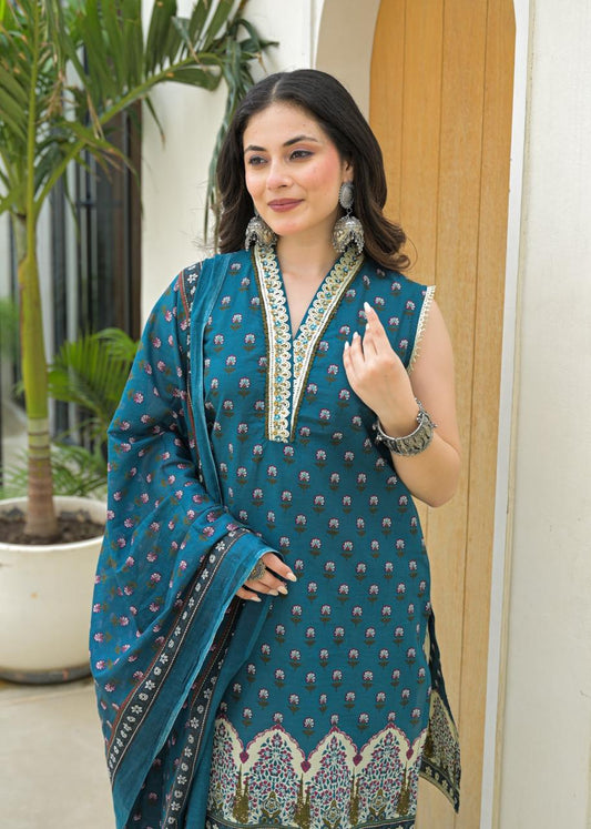 Fiza – Blue Pure Cotton Sleeveless Suit with Printed Palazzo & Dupatta