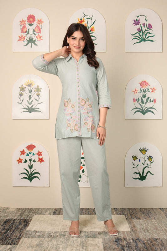 Dastak – Mint Green Pure Cotton Embroidered Co-ord Set | Elegant Summer Ethnic Wear for Women