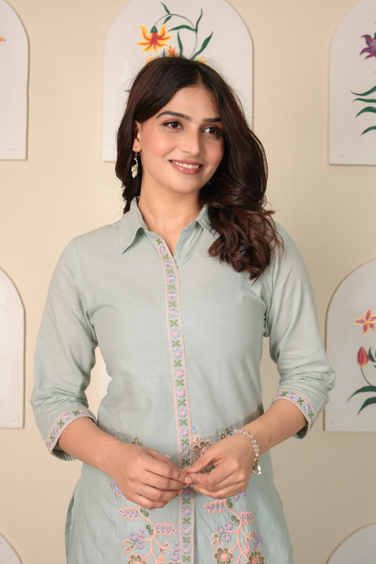 Dastak – Mint Green Pure Cotton Embroidered Co-ord Set | Elegant Summer Ethnic Wear for Women