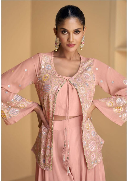 Shaam-e-Safar – Designer Georgette Dress with Embroidered Crop Top, Bell-Sleeve Shrug & Sharara | Available in Neon & Peach