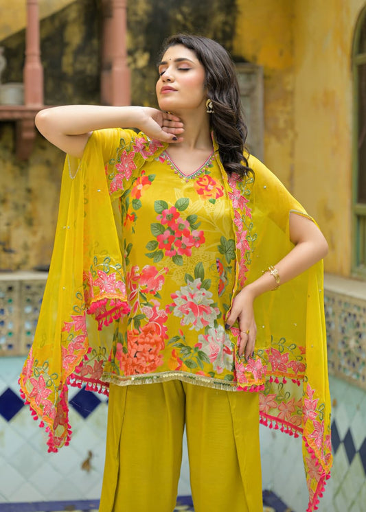 Lehza - Yellow Floral Pure Chinnon Suit Set with Shrug | Luxury Festive Ethnic Wear