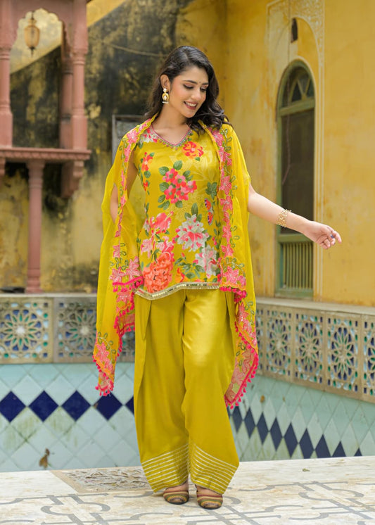 Lehza - Yellow Floral Pure Chinnon Suit Set with Shrug | Luxury Festive Ethnic Wear