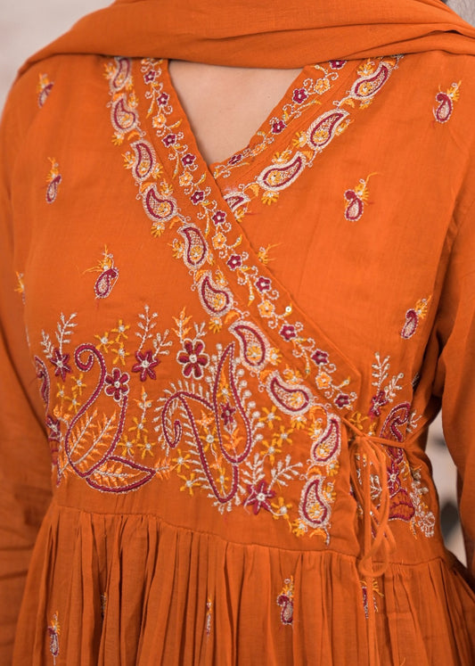 Resham – Rust Orange Embroidered Anarkali Suit Set in Pure Cotton with Dupatta