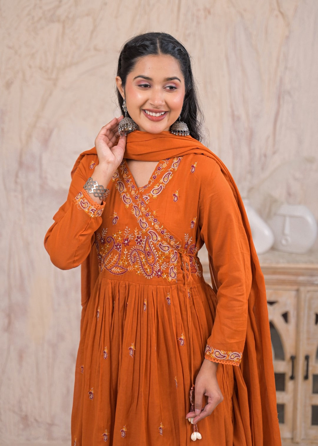 Resham – Rust Orange Embroidered Anarkali Suit Set in Pure Cotton with Dupatta