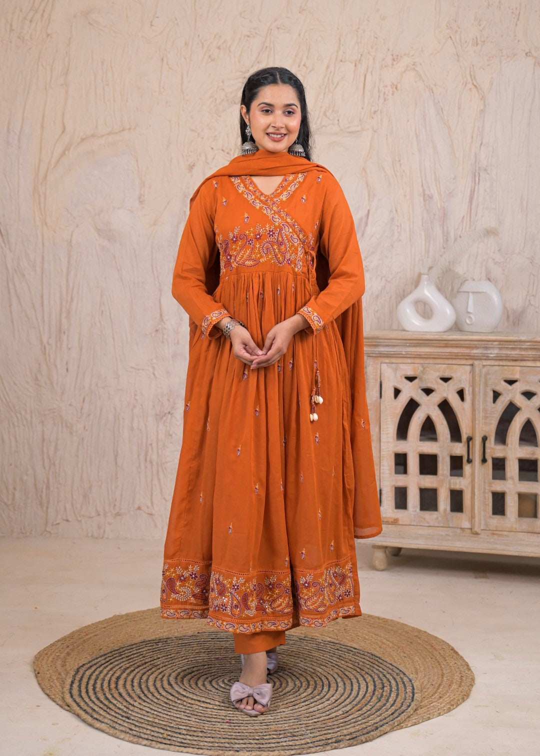 Resham – Rust Orange Embroidered Anarkali Suit Set in Pure Cotton with Dupatta