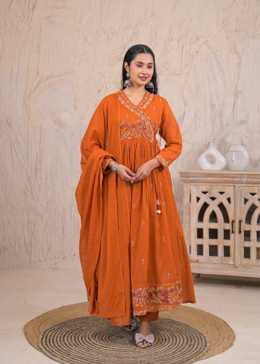 Resham – Rust Orange Embroidered Anarkali Suit Set in Pure Cotton with Dupatta