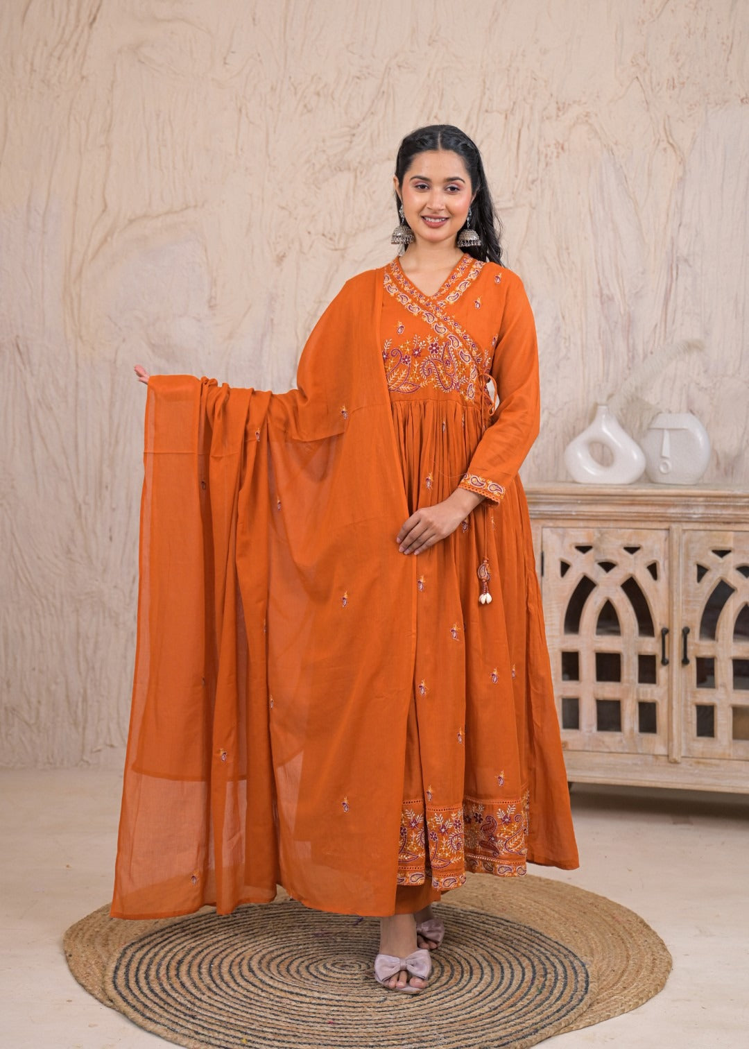 Resham – Rust Orange Embroidered Anarkali Suit Set in Pure Cotton with Dupatta