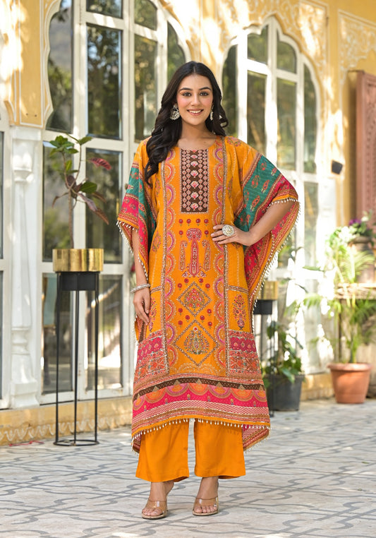 Ranaai – Yellow Pure Chinnon Kaftan Set | Embroidered Designer Ethnic Wear for Women