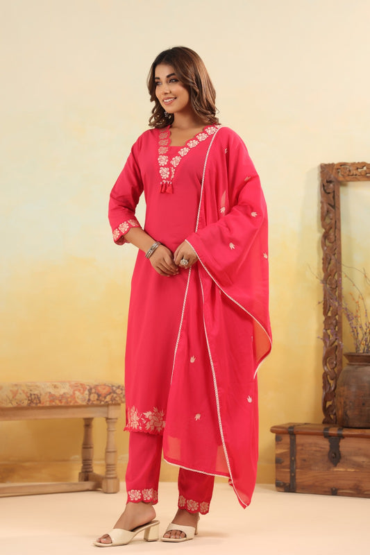 Jashn – Pink Solid Cotton Suit Set with Dupatta | Festive Ethnic Wear for Women