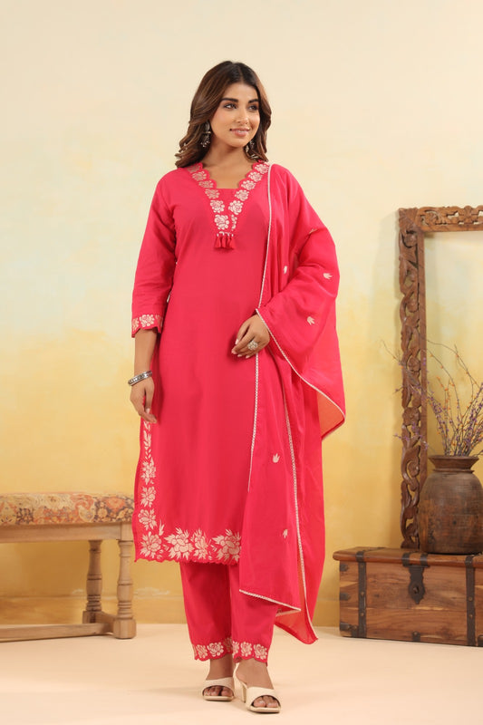 Jashn – Pink Solid Cotton Suit Set with Dupatta | Festive Ethnic Wear for Women