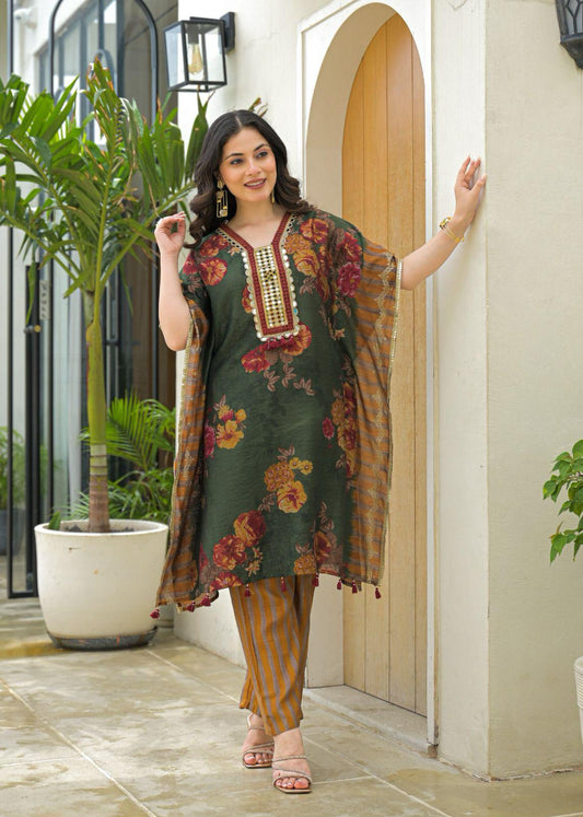 Ta’aruf – Green Muslin Kaftan Dress | Designer Ethnic Wear for Women
