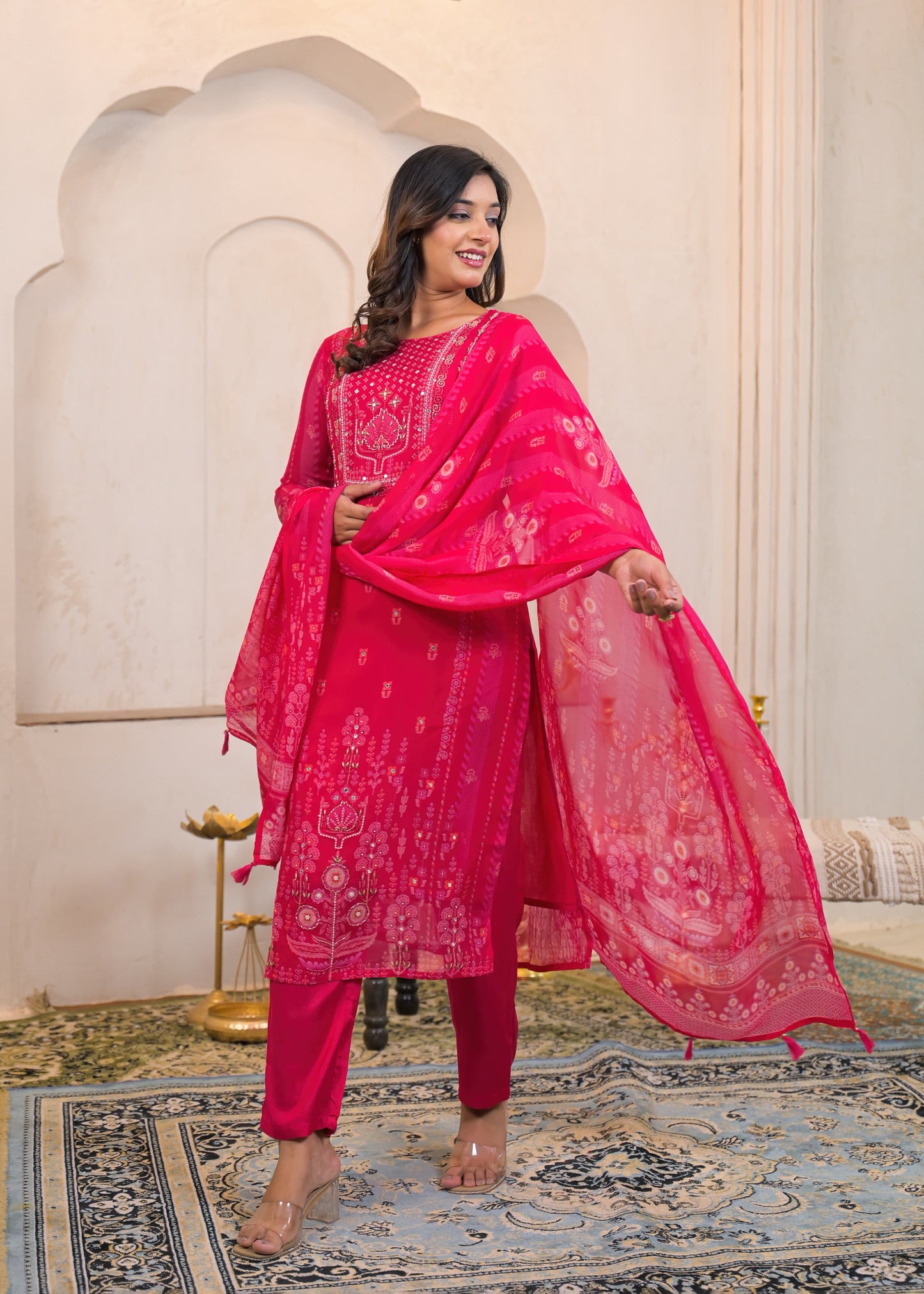 Shab-e-Gul – Pink Organza Dupatta Suit Set with Embroidery & Pants | Festive Karwa Chauth & Wedding Wear for Women