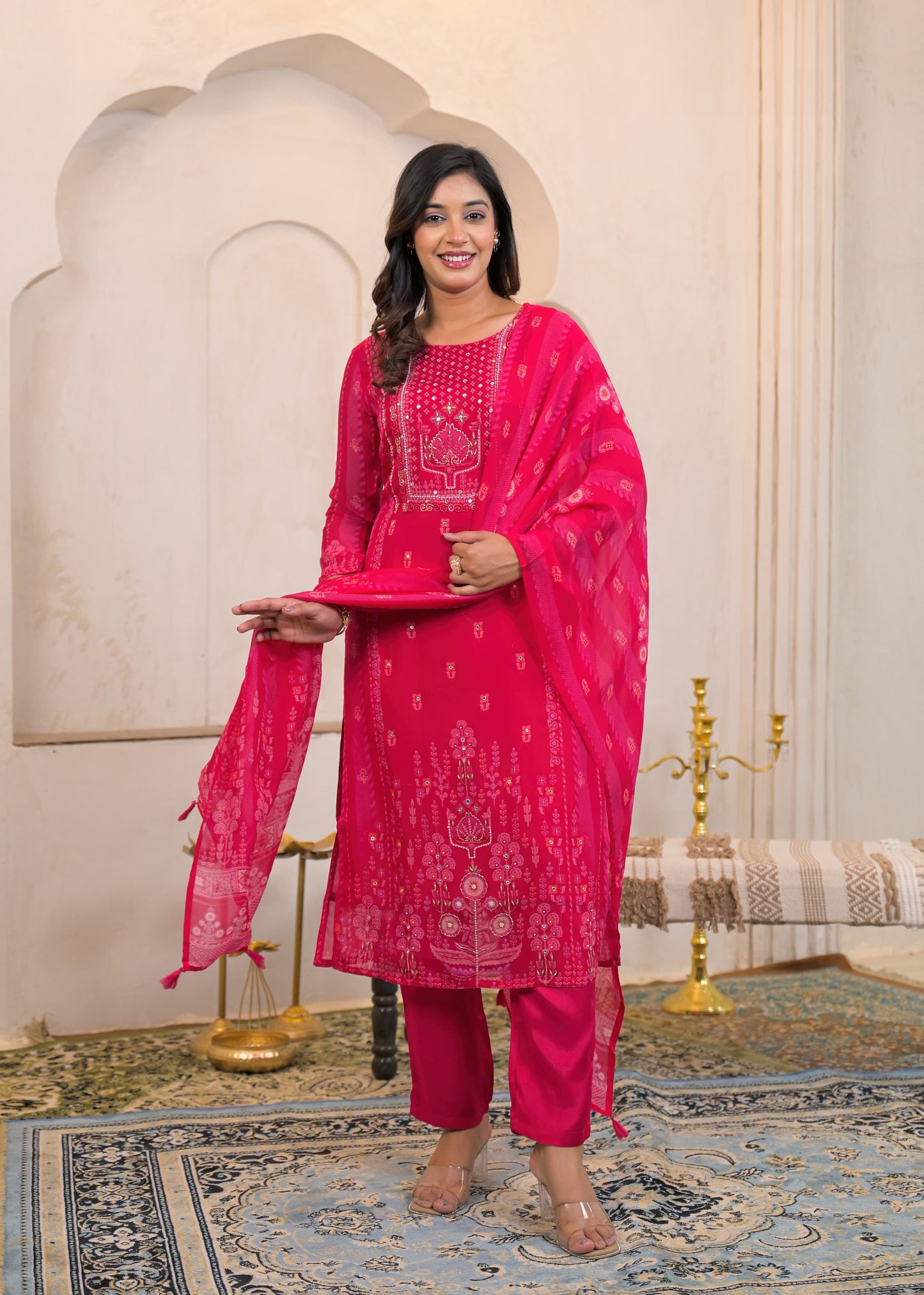 Shab-e-Gul – Pink Organza Dupatta Suit Set with Embroidery & Pants | Festive Karwa Chauth & Wedding Wear for Women