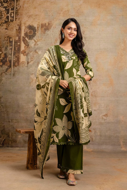 Kamaal-e-Husn – Green Cotton Suit Set with Palazzo & Dupatta | Elegant Daily & Festive Ethnic Wear for Women