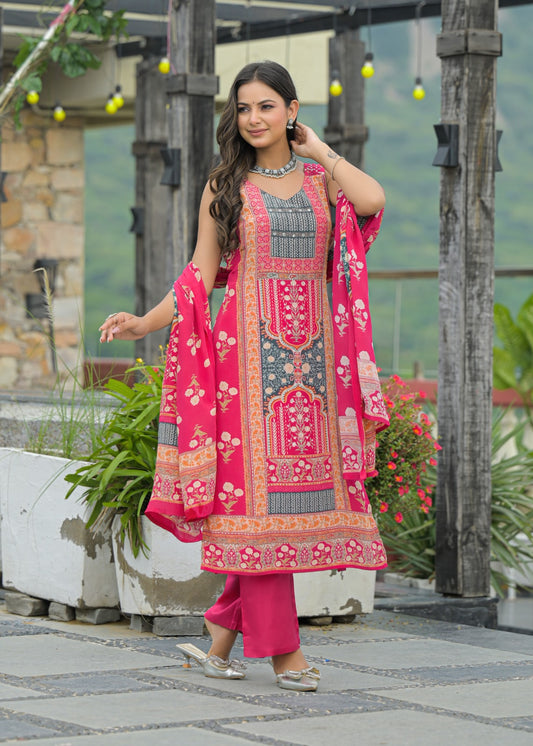 Husn – Rani Pink Pure Chinnon Straight Suit Set with Dupatta | Festive & Party Wear