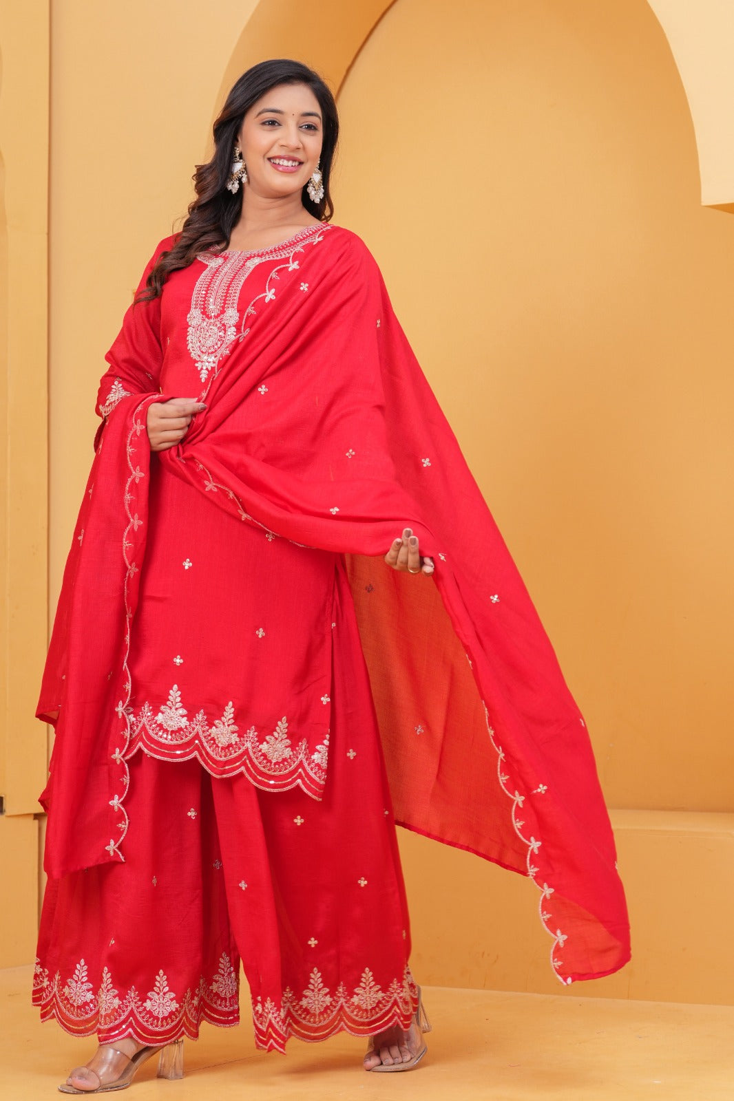 Surkh – Red Pure Chinnon Suit Set with Embroidered Neck & Wide Palazzo | Karwa Chauth Designer Outfit