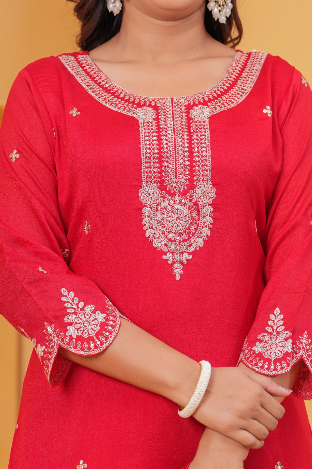 Surkh – Red Pure Chinnon Suit Set with Embroidered Neck & Wide Palazzo | Karwa Chauth Designer Outfit