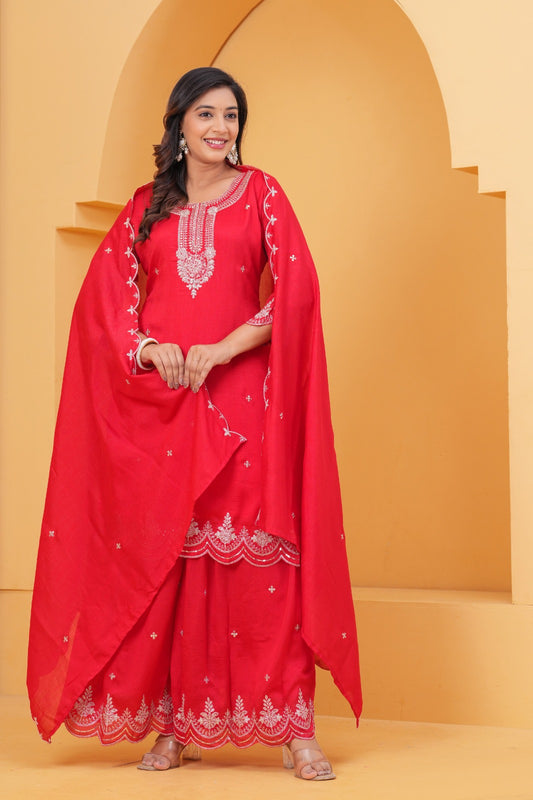 Surkh – Red Pure Chinnon Suit Set with Embroidered Neck & Wide Palazzo | Karwa Chauth Designer Outfit