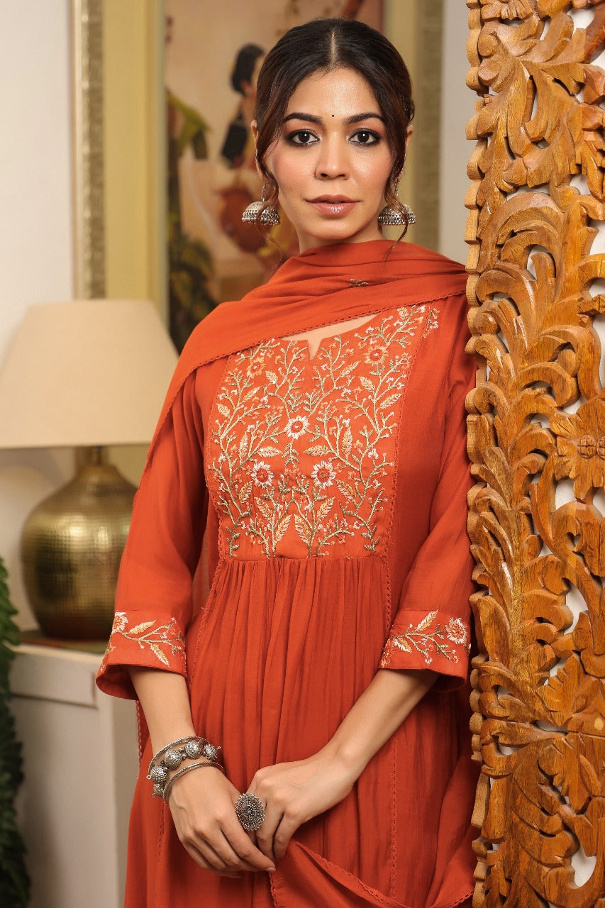 Izhaar – Rust Mul Chanderi Anarkali Suit with Embroidered Neckline & Sleeves