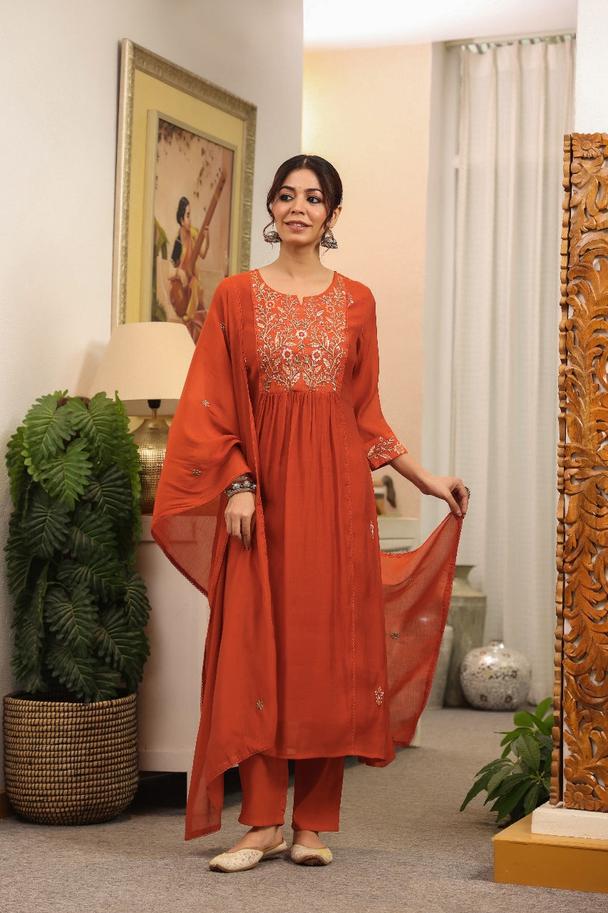 Izhaar – Rust Mul Chanderi Anarkali Suit with Embroidered Neckline & Sleeves
