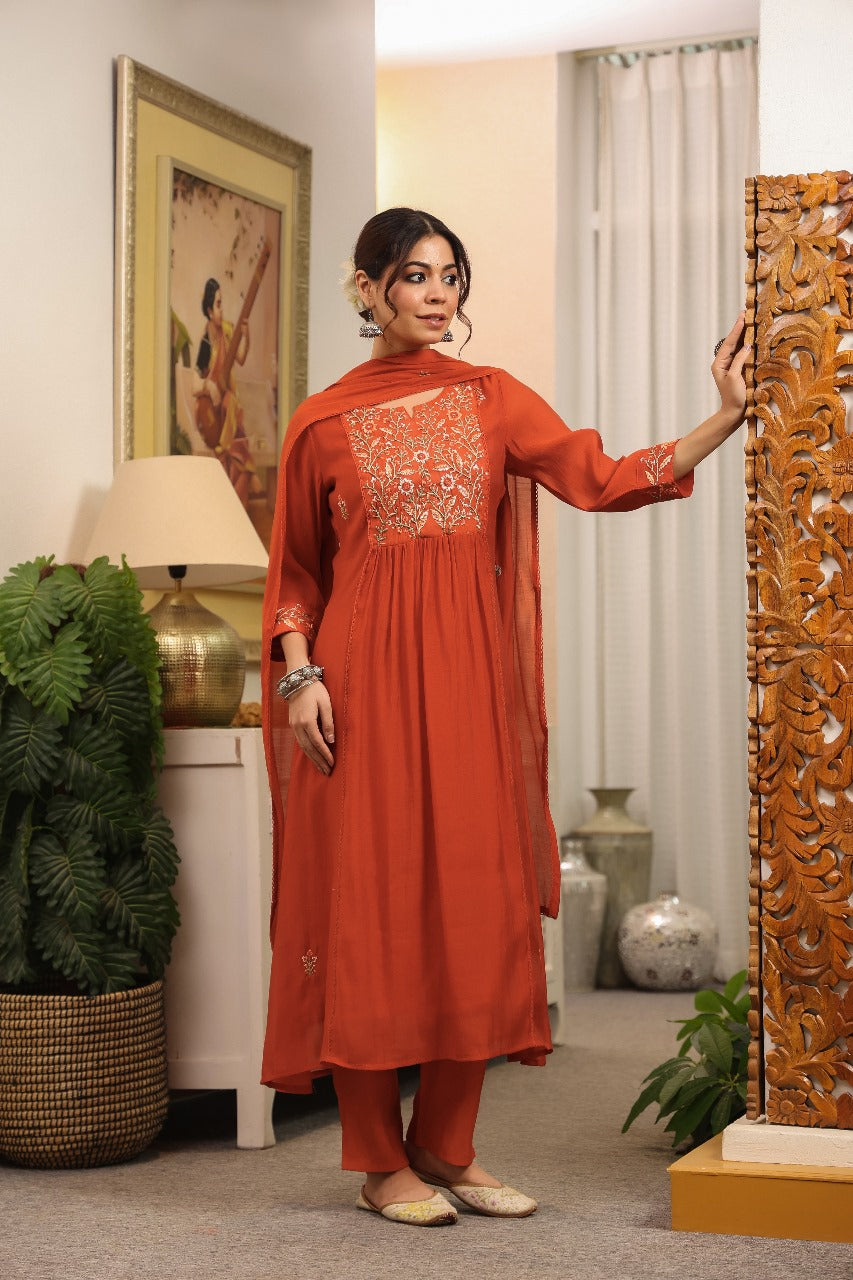 Izhaar – Rust Mul Chanderi Anarkali Suit with Embroidered Neckline & Sleeves