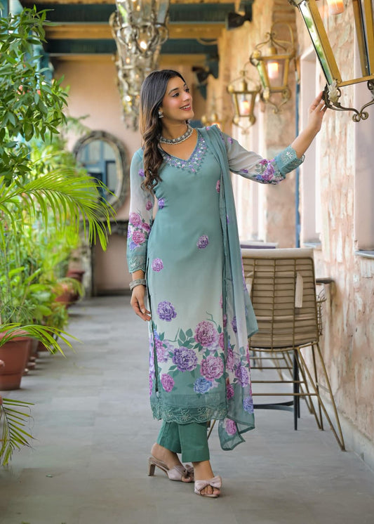 Hasrat – Mint Pure Chiffon Floral Suit with Embroidered Neck & Lace Hem | Festive & Party Wear for Women