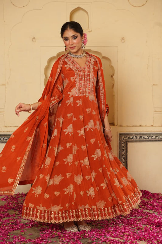Navaazish – Rust Pure Chinnon Anarkali Suit Set with Intricate Embroidery & Dupatta | Designer Anarkali for Festive Wear