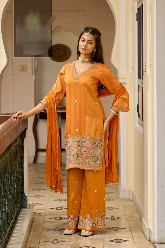 Sabr – Shimmer Fabric Suit Set with Heavy Handwork Hem, Embroidered Palazzo & Dupatta | Luxury Designer Ethnic Wear