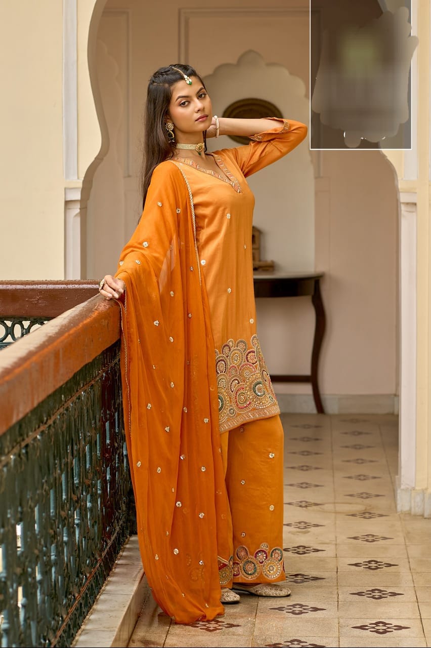 Sabr – Shimmer Fabric Suit Set with Heavy Handwork Hem, Embroidered Palazzo & Dupatta | Luxury Designer Ethnic Wear