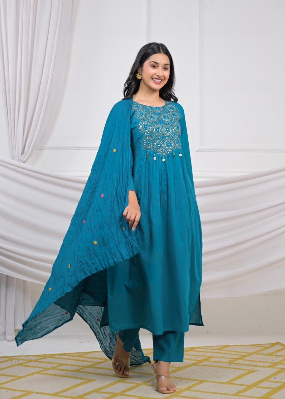 Lafz – Blue Cotton Suit Set with Embroidered Neckline | Daily, Office & Light Festive Wear