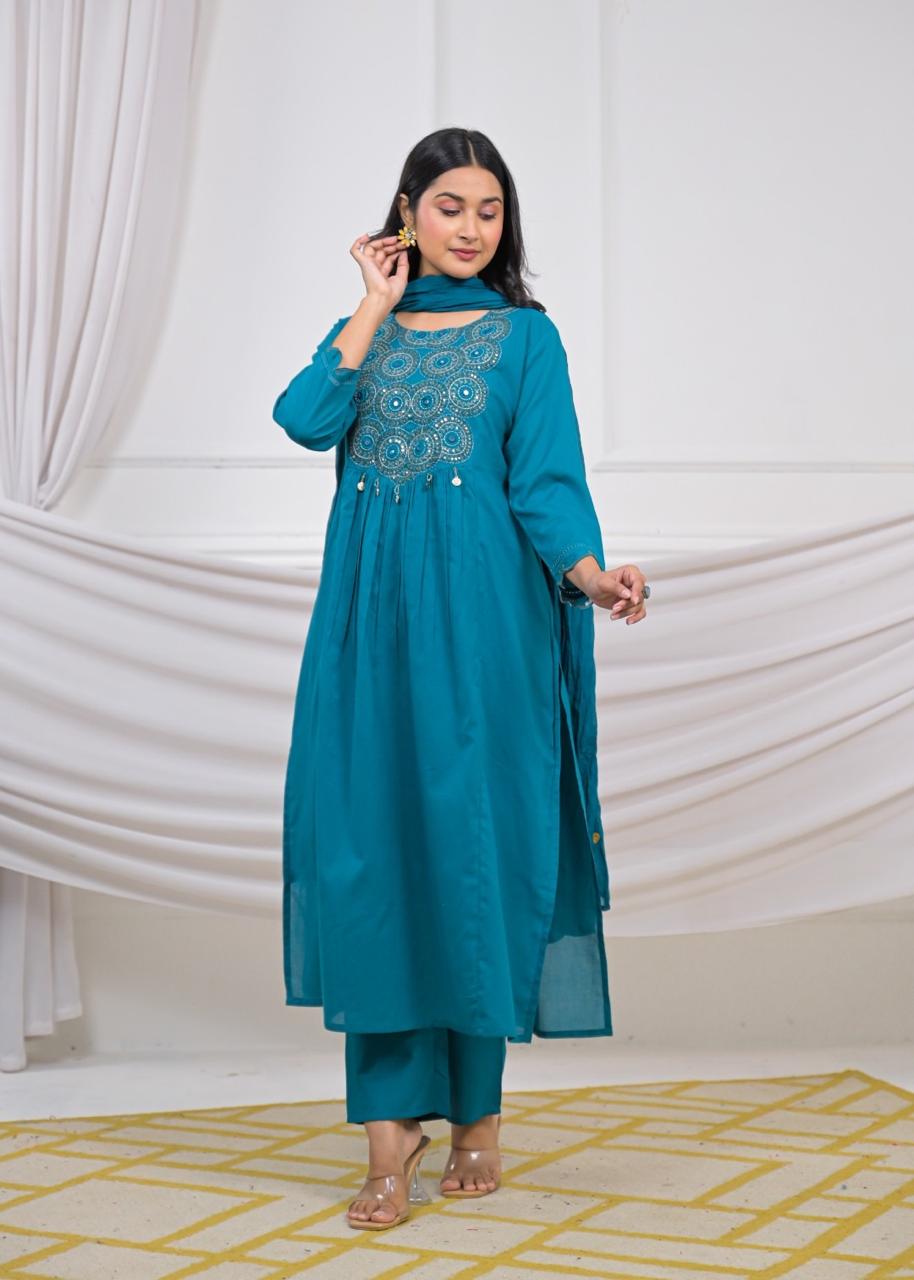 Lafz – Blue Cotton Suit Set with Embroidered Neckline | Daily, Office & Light Festive Wear