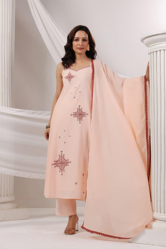 Sahal – Peach Cut-Sleeve A-Line Suit Set with Minimal Embroidery | Elegant Daily & Festive Wear
