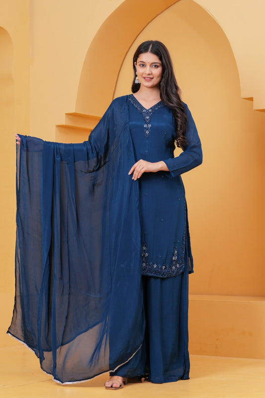 Tarannum – Blue Tissue-Shimmer Kurta Set with Handwork & Dupatta | Designer Suit Set for Women