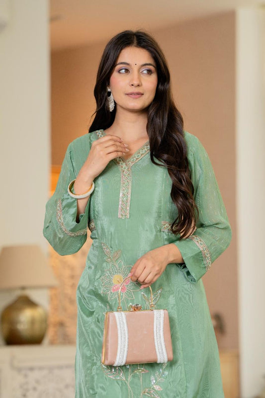 Alfaaz – Green Shimmer Co-ord Set with Embroidered Kurta | Modern Indian Ethnic Wear
