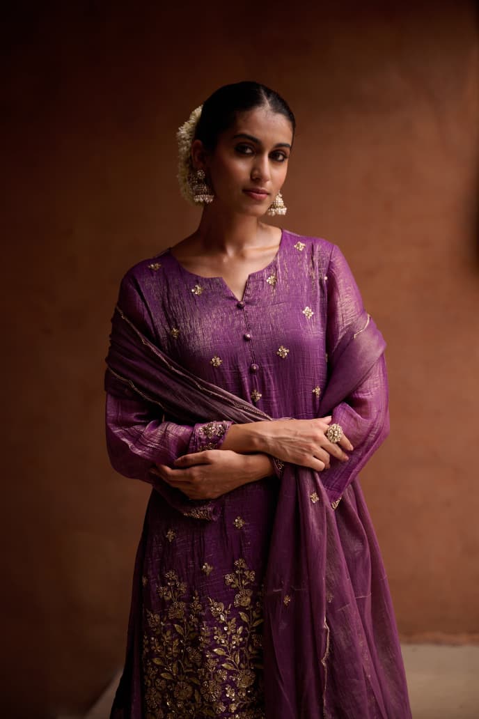 Sohbat – Purple Shimmer Suit with Embroidered Kurta & Palazzo | Evening Elegance by Label Chitraa