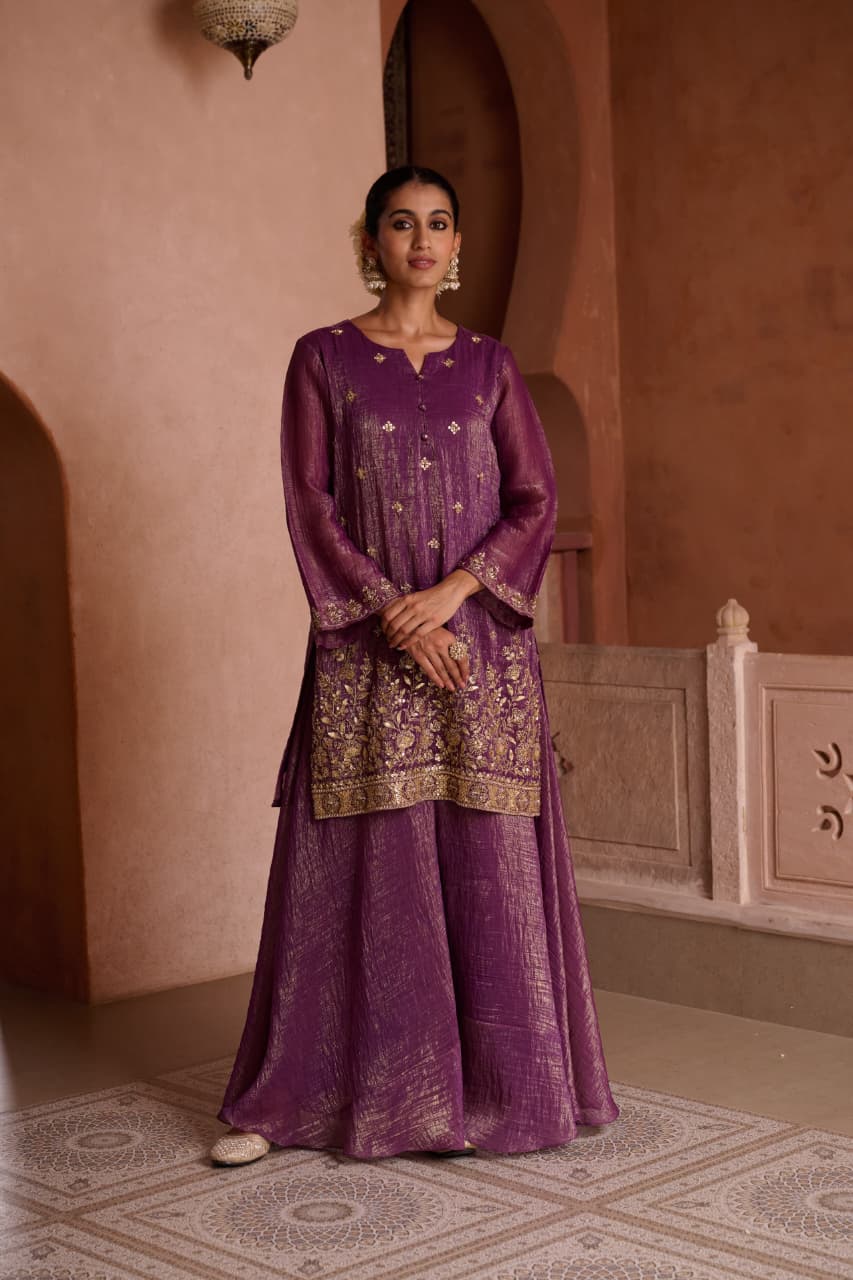 Sohbat – Purple Shimmer Suit with Embroidered Kurta & Palazzo | Evening Elegance by Label Chitraa