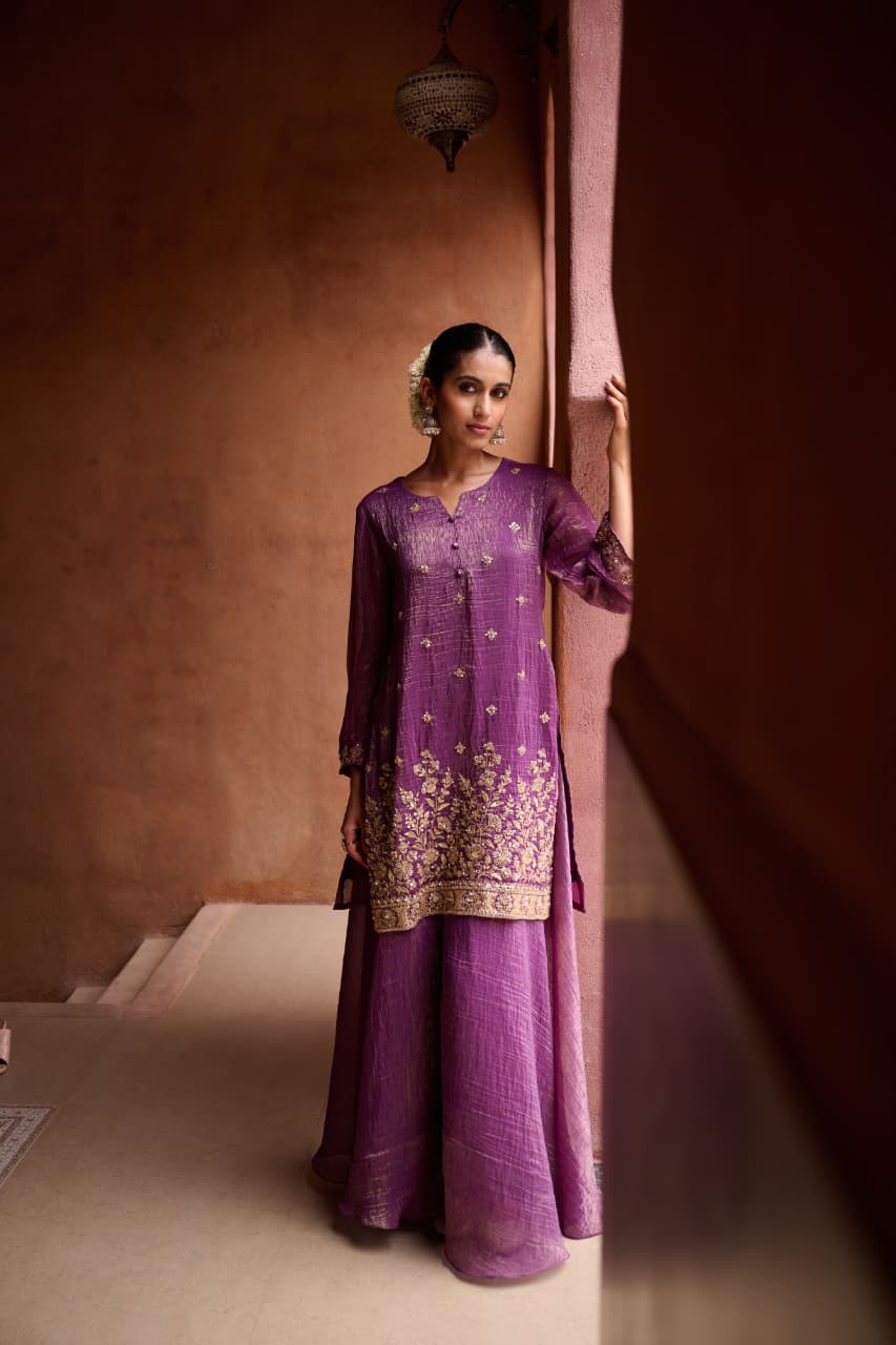 Sohbat – Purple Shimmer Suit with Embroidered Kurta & Palazzo | Evening Elegance by Label Chitraa