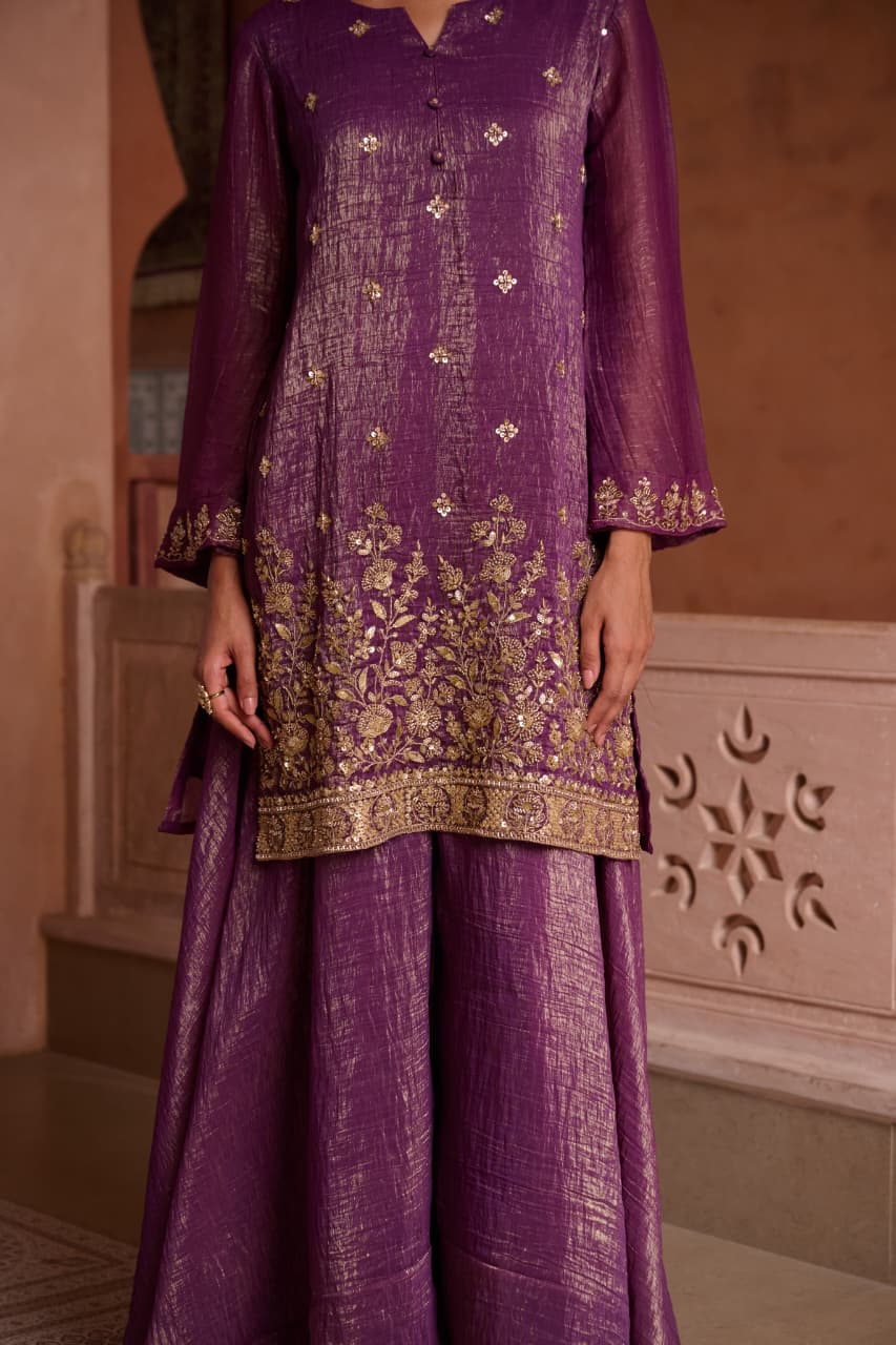 Sohbat – Purple Shimmer Suit with Embroidered Kurta & Palazzo | Evening Elegance by Label Chitraa