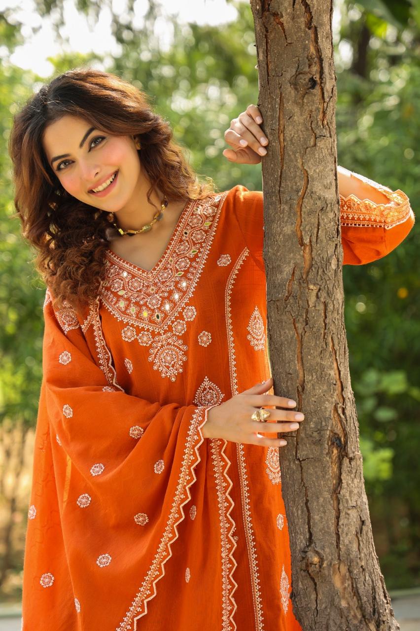 Raabta – Rust Cotton Suit with Threadwork Kurta, Bell Sleeves & Designer Palazzo | Crafted Comfort by Label Chitraa