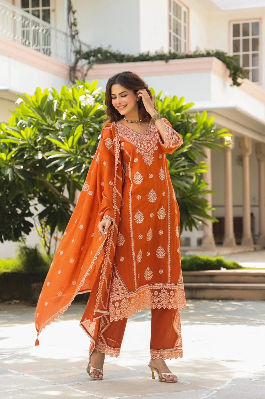 Raabta – Rust Cotton Suit with Threadwork Kurta, Bell Sleeves & Designer Palazzo | Crafted Comfort by Label Chitraa