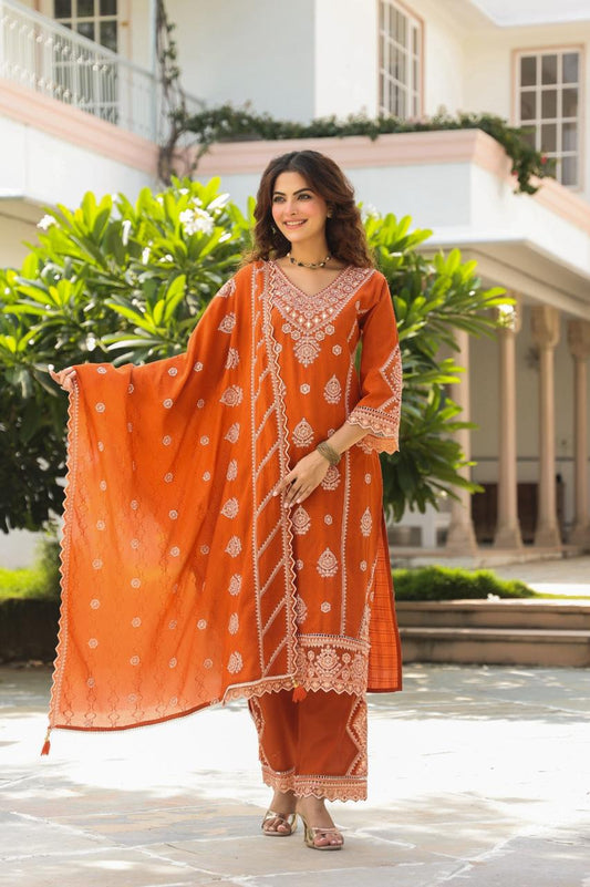 Raabta – Rust Cotton Suit with Threadwork Kurta, Bell Sleeves & Designer Palazzo | Crafted Comfort by Label Chitraa
