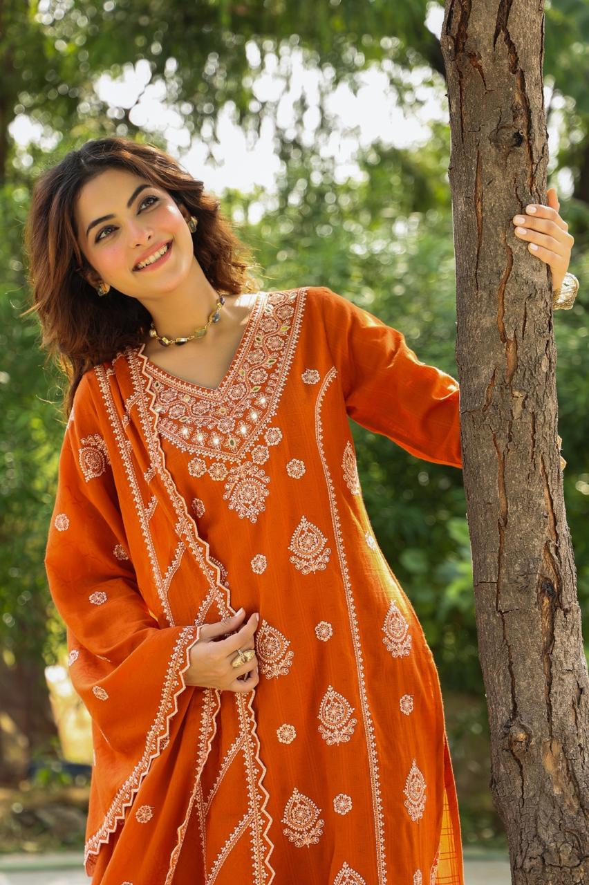 Raabta – Rust Cotton Suit with Threadwork Kurta, Bell Sleeves & Designer Palazzo | Crafted Comfort by Label Chitraa