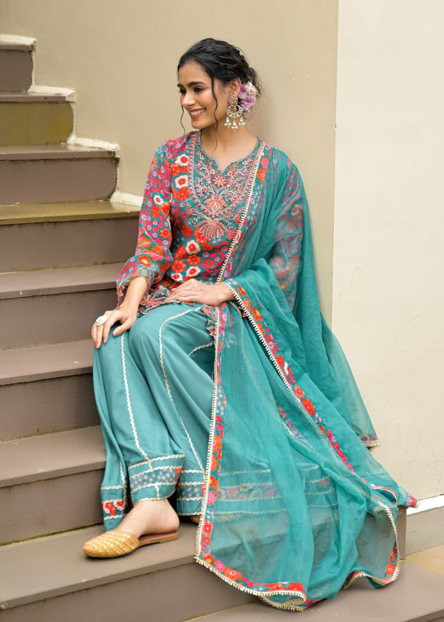 Sargoshii – Green Crepe Sharara Suit | Boutique Designer Outfit