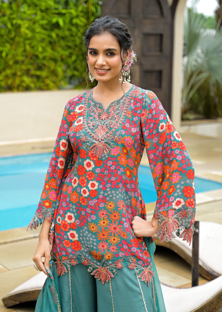 Sargoshii – Green Crepe Sharara Suit | Boutique Designer Outfit