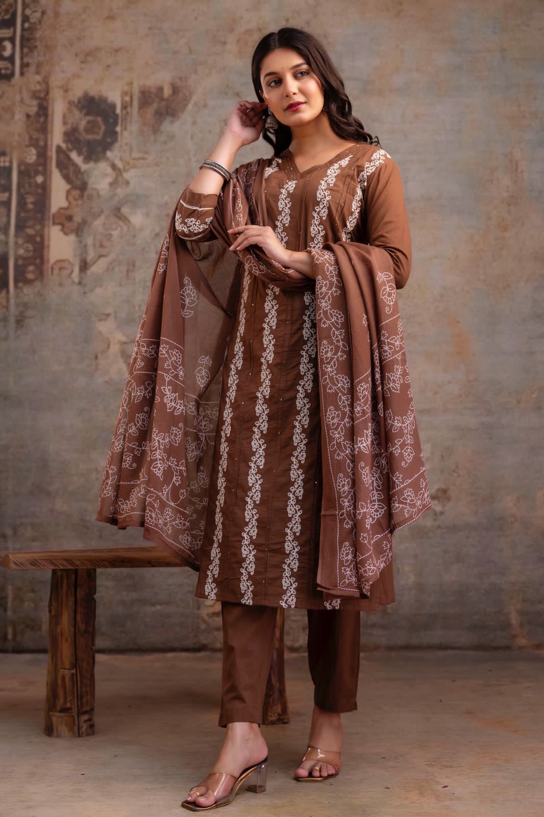 Vus’at – Rust & Brown Cotton Suit Set with Thread Work Kurta | Elegant Festive & Office Wear