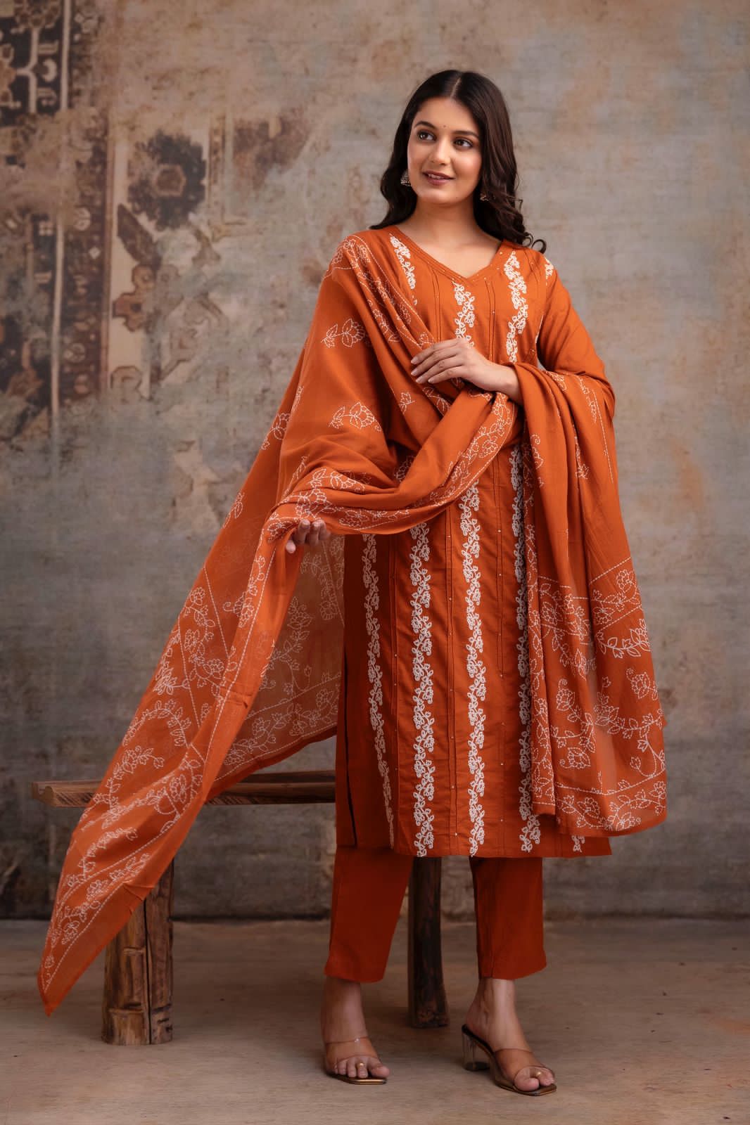 Vus’at – Rust & Brown Cotton Suit Set with Thread Work Kurta | Elegant Festive & Office Wear